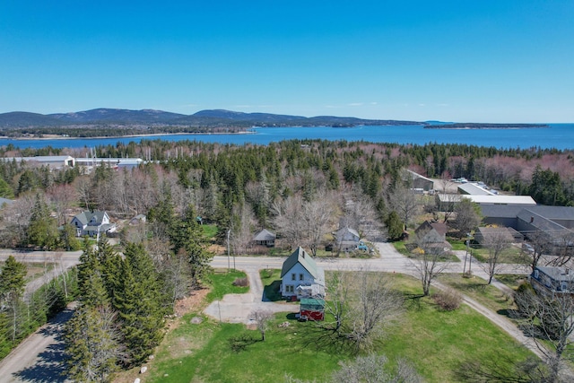 bird's eye view featuring a wooded view and a water and mountain view