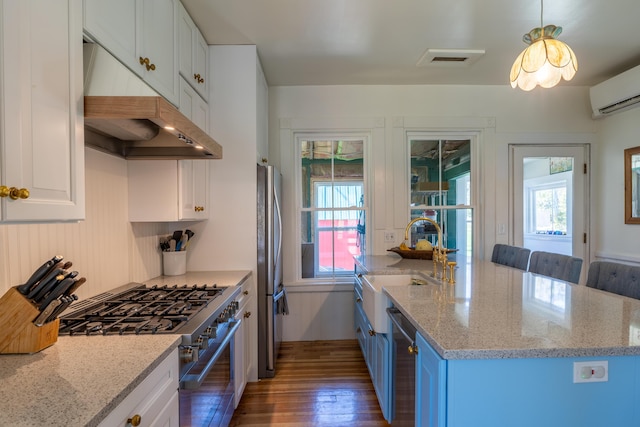 kitchen featuring wood finished floors, a wall mounted air conditioner, plenty of natural light, under cabinet range hood, and appliances with stainless steel finishes