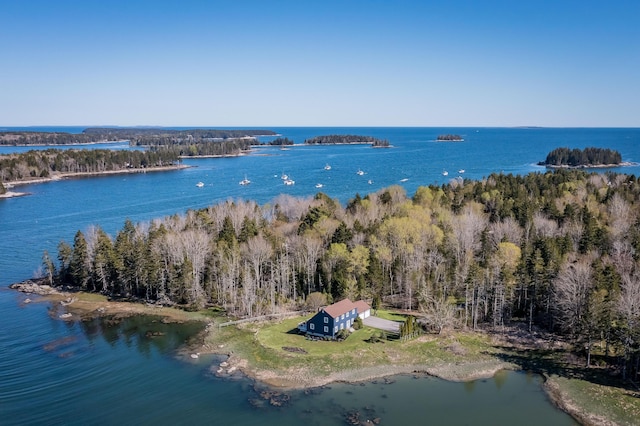aerial view featuring a water view and a forest view
