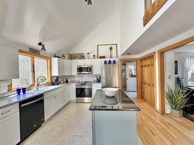 kitchen with appliances with stainless steel finishes, a healthy amount of sunlight, a sink, and a center island