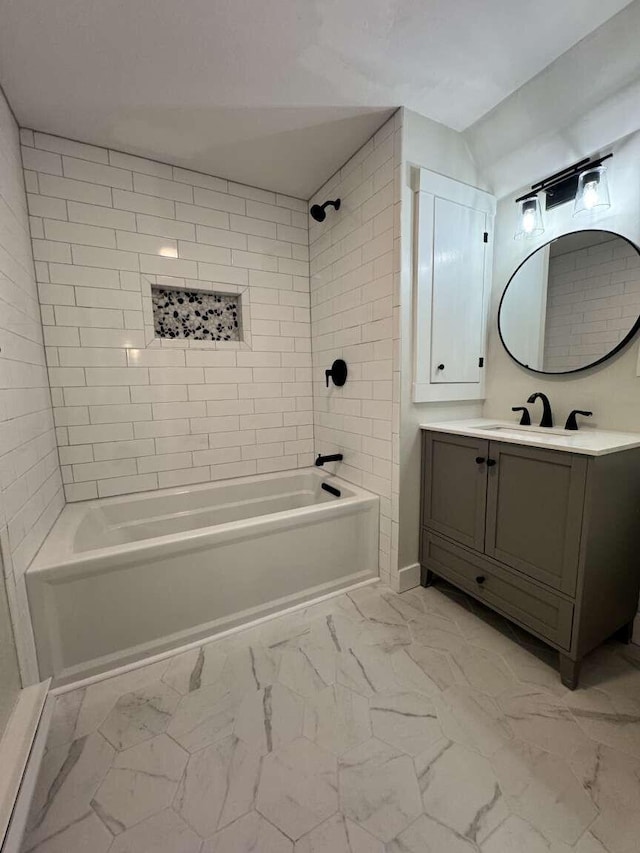 full bathroom featuring vanity, bathtub / shower combination, and marble finish floor