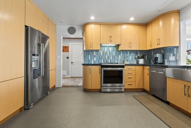 69 Brookside Rd, Portland, ME 04103 - kitchen with appliances with stainless steel finishes, light brown cabinets, and decorative backsplash