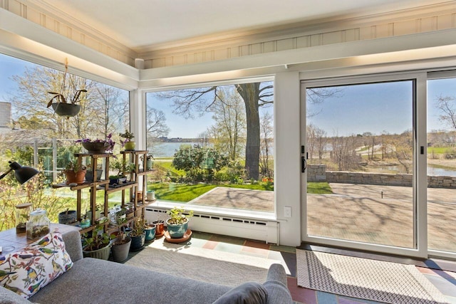 69 Brookside Rd, Portland, ME 04103 - sunroom / solarium with crown molding, a water view, and a baseboard heating unit