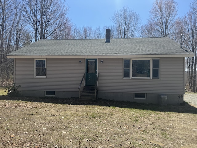 76 Norton Hill Rd, Dover-Foxcroft, ME 04426 - manufactured / mobile home featuring entry steps, a chimney, a shingled roof, and a front yard