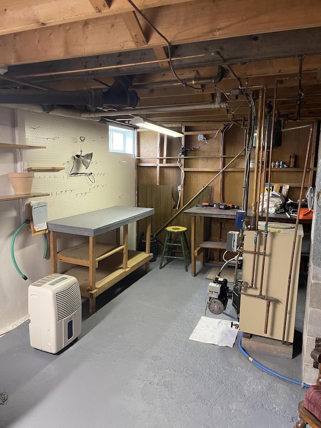 below grade area with a workshop area and a heating unit