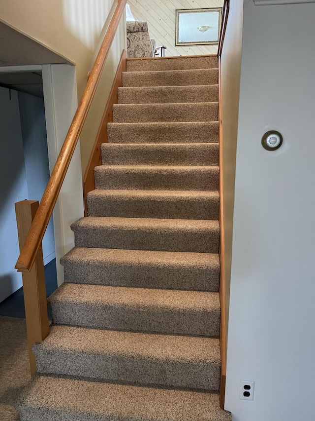 staircase featuring carpet floors
