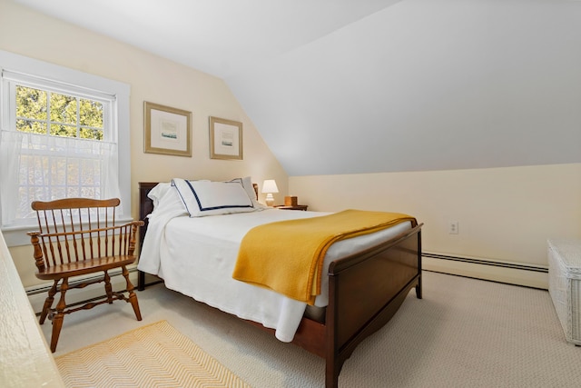 carpeted bedroom featuring vaulted ceiling and baseboard heating
