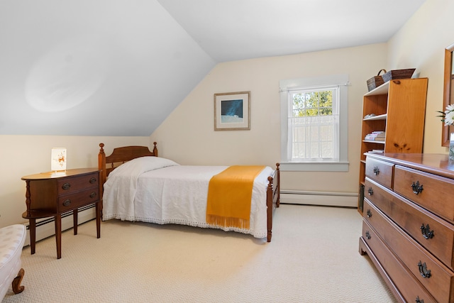 bedroom with a baseboard radiator, light carpet, and lofted ceiling