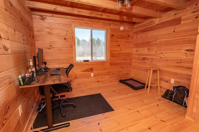 office featuring wood walls, wood ceiling, hardwood / wood-style flooring, and beamed ceiling