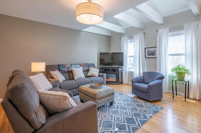 43 Sylvan Way Unit 10, Wells, ME 04090 - living area featuring beamed ceiling and light wood-style flooring
