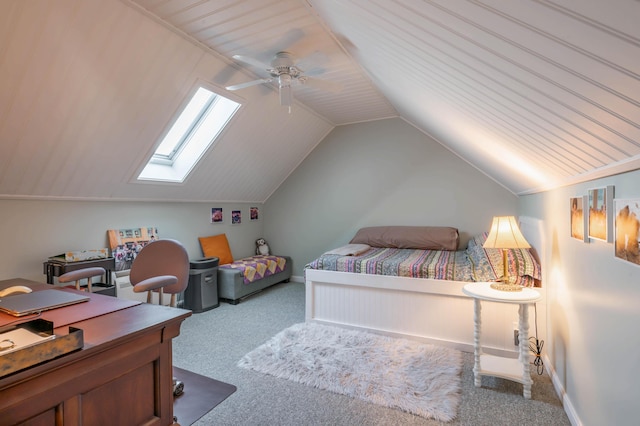 43 Sylvan Way Unit 10, Wells, ME 04090 - bedroom featuring carpet, lofted ceiling, a skylight, a ceiling fan, and baseboards