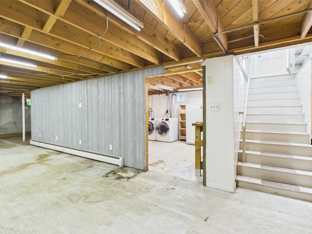 80 Garden Cir, Caribou, ME 04736 - unfinished basement featuring a baseboard heating unit, independent washer and dryer, and stairs