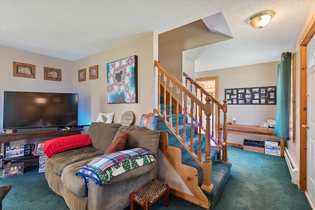 living room featuring carpet, a baseboard heating unit, stairs, and a textured ceiling