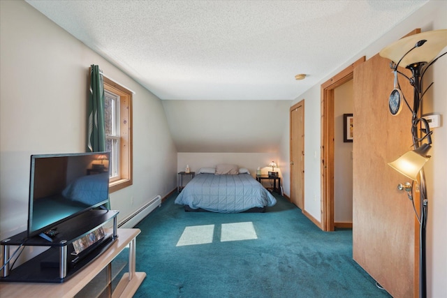 bedroom with baseboards, a baseboard radiator, carpet flooring, and a textured ceiling