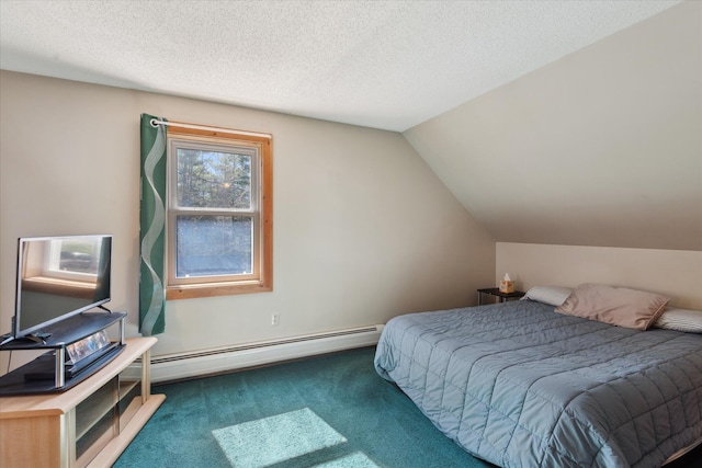 bedroom with carpet floors, a baseboard radiator, a textured ceiling, and lofted ceiling