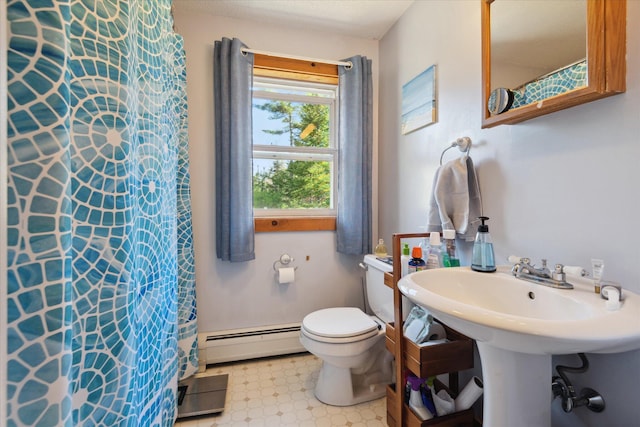 full bath with a shower with shower curtain, toilet, tile patterned floors, and baseboard heating