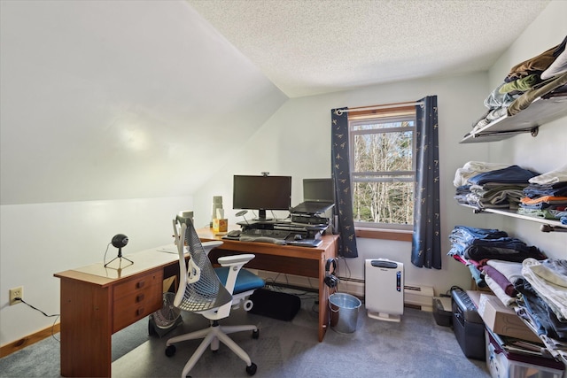 office space featuring a baseboard radiator, carpet, a textured ceiling, and lofted ceiling