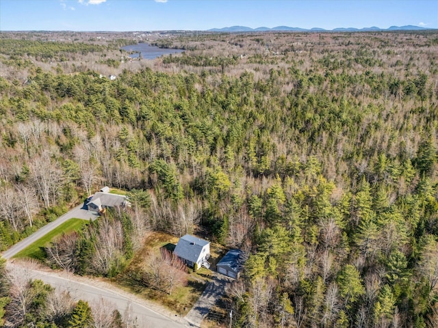 aerial view featuring a view of trees and a mountain view