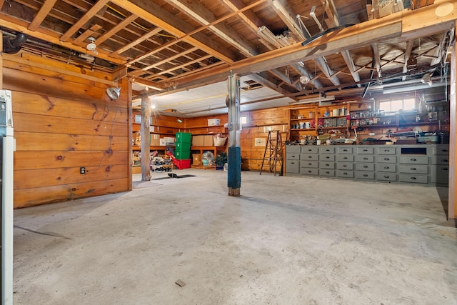 garage with a workshop area