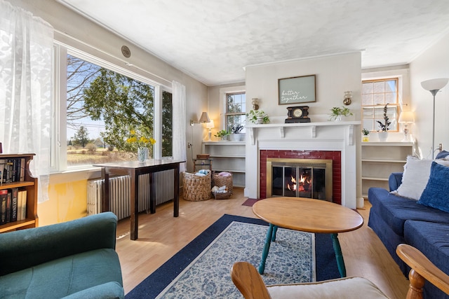 living area with crown molding, wood finished floors, radiator, and a fireplace
