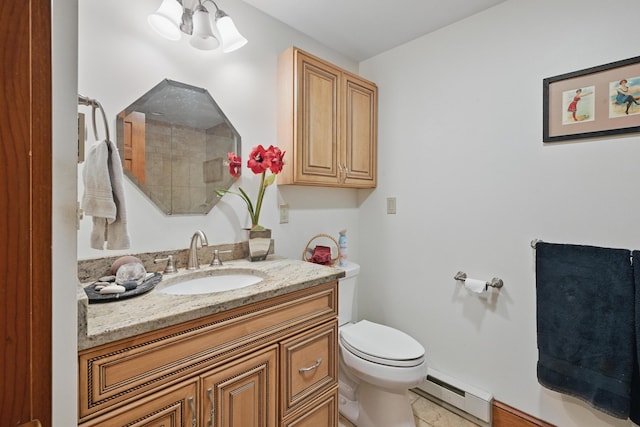 39 Turtle Run Rd Unit 8, Winthrop, ME 04364 - bathroom with toilet, a baseboard radiator, a shower, a chandelier, and vanity