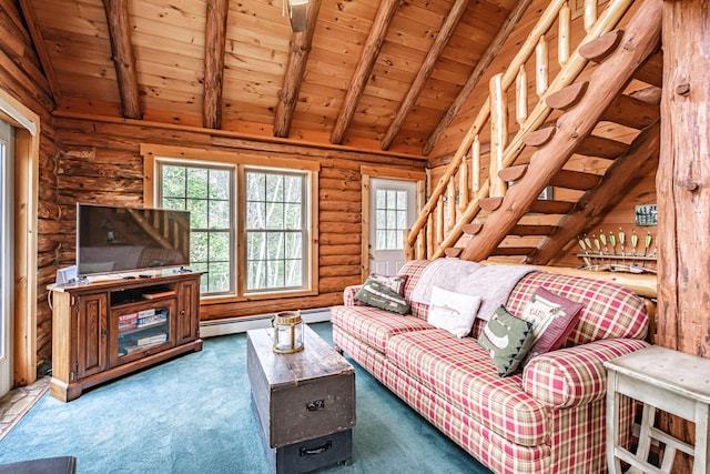 26 Mountain View Ln, Woodstock, ME 04219 - carpeted living area featuring rustic walls, wooden ceiling, and vaulted ceiling with beams