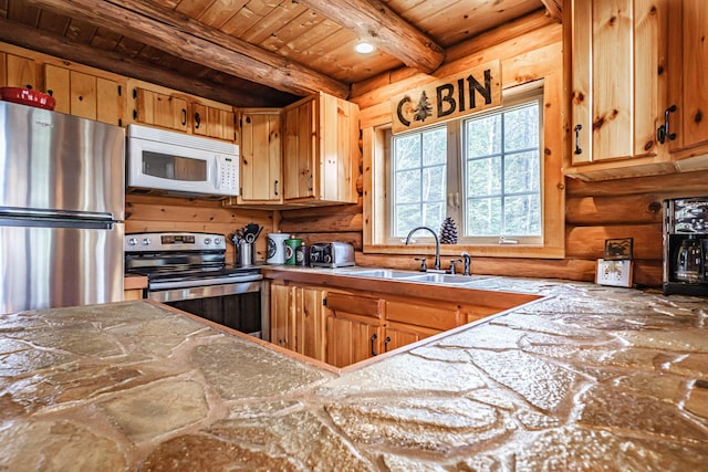 26 Mountain View Ln, Woodstock, ME 04219 - kitchen featuring a sink, beam ceiling, wood ceiling, rustic walls, and appliances with stainless steel finishes