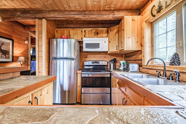 26 Mountain View Ln, Woodstock, ME 04219 - kitchen with a sink, log walls, wood ceiling, and appliances with stainless steel finishes