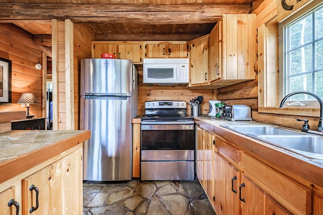 26 Mountain View Ln, Woodstock, ME 04219 - kitchen with stone finish flooring, a sink, beam ceiling, appliances with stainless steel finishes, and wooden ceiling