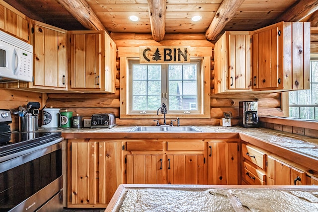 26 Mountain View Ln, Woodstock, ME 04219 - kitchen with wood ceiling, log walls, a sink, and electric range