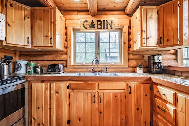 26 Mountain View Ln, Woodstock, ME 04219 - kitchen with plenty of natural light, rustic walls, stainless steel electric range, and a sink