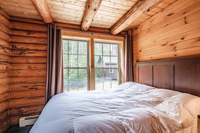 26 Mountain View Ln, Woodstock, ME 04219 - bedroom featuring wooden ceiling, beam ceiling, log walls, and a baseboard heating unit