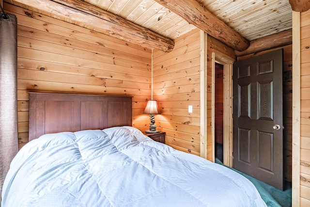 26 Mountain View Ln, Woodstock, ME 04219 - bedroom with wooden ceiling, wooden walls, and beamed ceiling