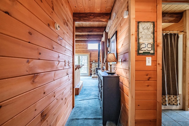 26 Mountain View Ln, Woodstock, ME 04219 - corridor featuring wooden ceiling, wooden walls, and beamed ceiling