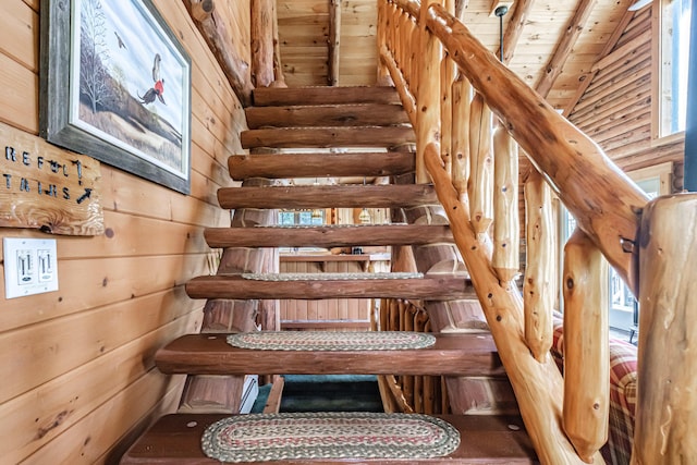 26 Mountain View Ln, Woodstock, ME 04219 - stairway featuring wood walls and wood ceiling