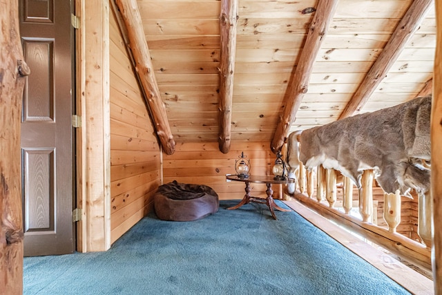 26 Mountain View Ln, Woodstock, ME 04219 - unfurnished room featuring wooden ceiling, wooden walls, carpet, and lofted ceiling with beams