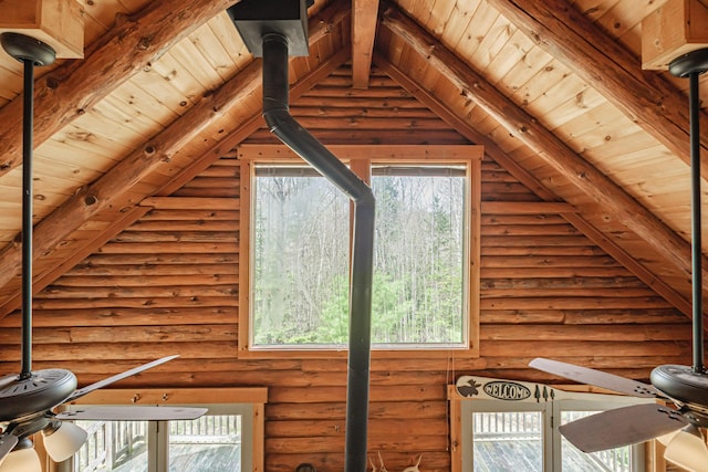 26 Mountain View Ln, Woodstock, ME 04219 - room details with wood ceiling, beamed ceiling, a ceiling fan, and log walls