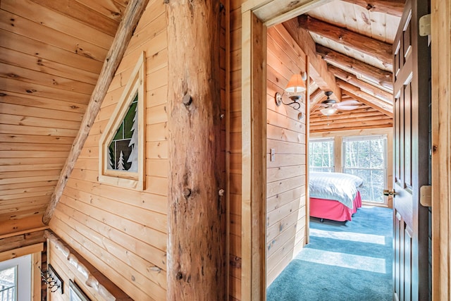 26 Mountain View Ln, Woodstock, ME 04219 - interior space featuring carpet floors, wood walls, wood ceiling, and vaulted ceiling