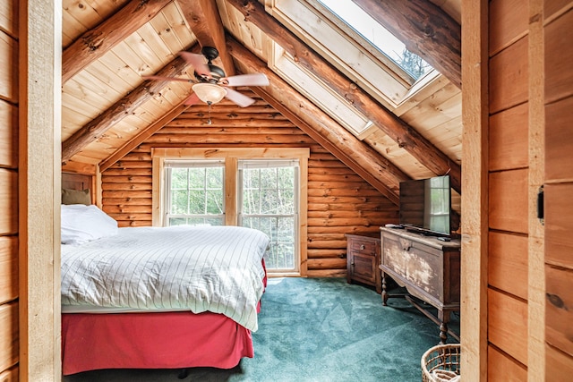 26 Mountain View Ln, Woodstock, ME 04219 - bedroom featuring wooden ceiling, log walls, vaulted ceiling with skylight, and carpet floors