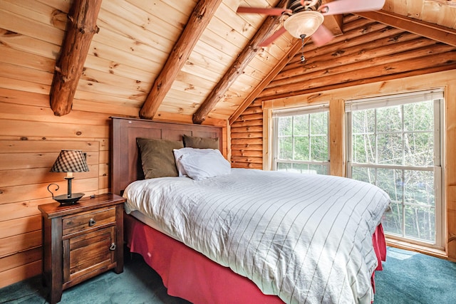 26 Mountain View Ln, Woodstock, ME 04219 - bedroom with rustic walls, wood ceiling, vaulted ceiling with beams, and carpet