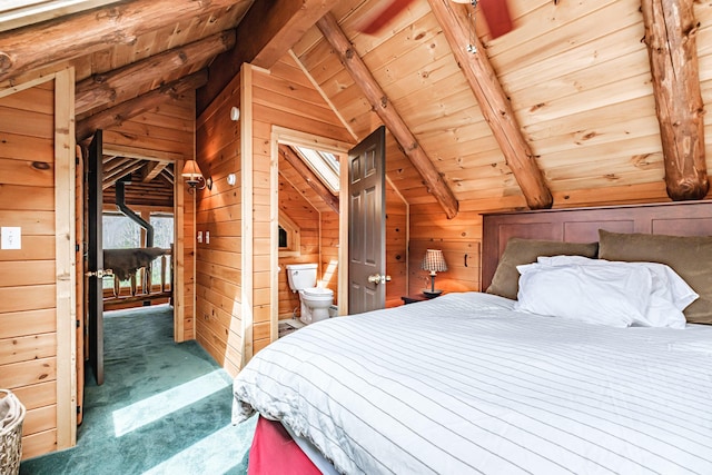 26 Mountain View Ln, Woodstock, ME 04219 - bedroom with wood walls, lofted ceiling with beams, and carpet floors