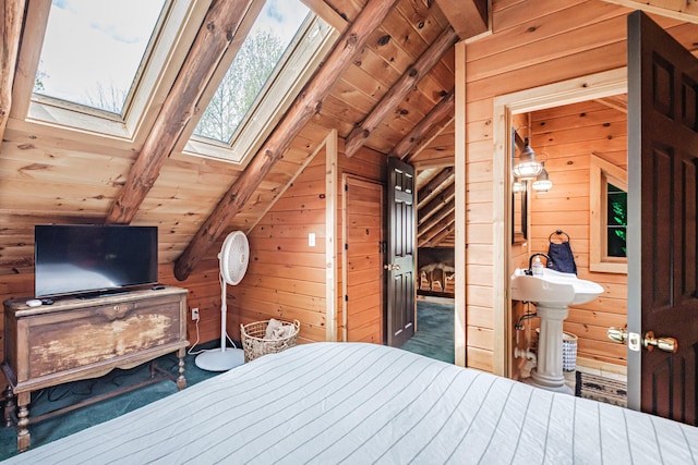 26 Mountain View Ln, Woodstock, ME 04219 - carpeted bedroom with wood ceiling, wooden walls, and vaulted ceiling with skylight