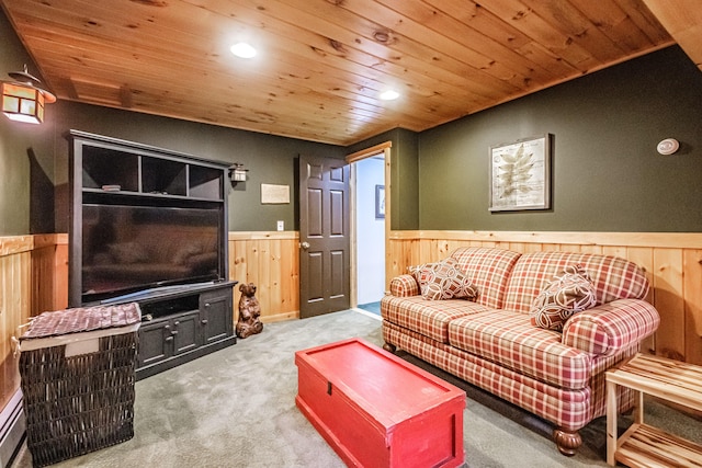 26 Mountain View Ln, Woodstock, ME 04219 - carpeted living room featuring a wainscoted wall, wood ceiling, wood walls, and recessed lighting