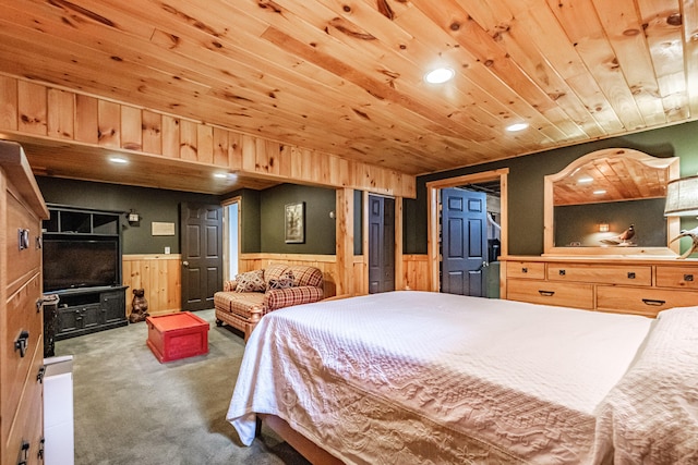 26 Mountain View Ln, Woodstock, ME 04219 - bedroom featuring carpet flooring, wood ceiling, a wainscoted wall, wooden walls, and recessed lighting