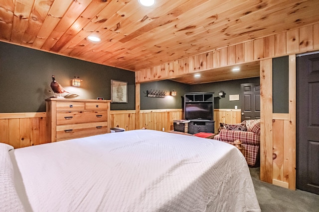 26 Mountain View Ln, Woodstock, ME 04219 - carpeted bedroom with wooden walls, wood ceiling, a wainscoted wall, and recessed lighting