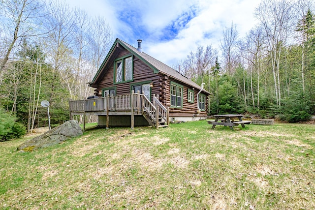 26 Mountain View Ln, Woodstock, ME 04219 - back of house featuring log siding, a wooden deck, and a lawn