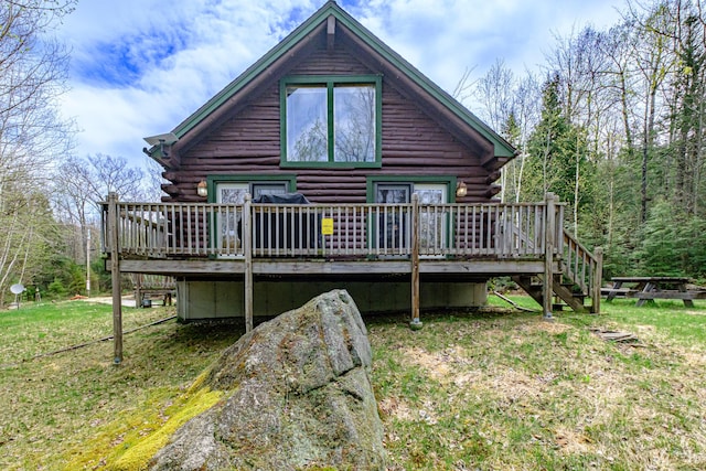 26 Mountain View Ln, Woodstock, ME 04219 - back of house with a lawn, a deck, stairs, and log siding