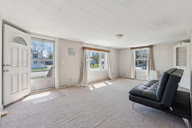 232 Peltoma Ave, Pittsfield, ME 04967 - carpeted living room featuring wood walls