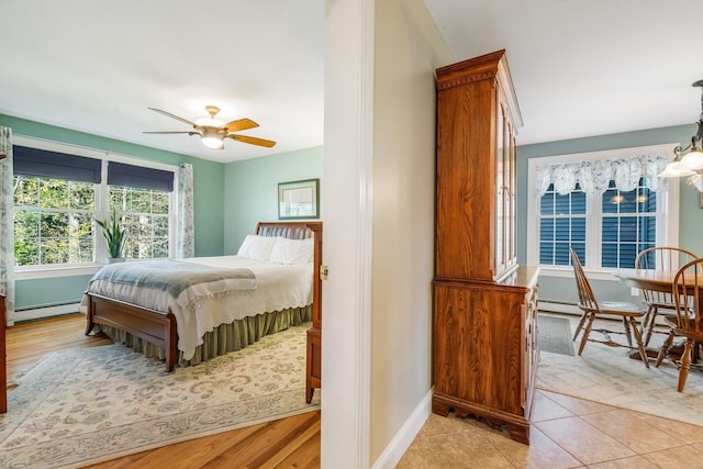 bedroom featuring ceiling fan, baseboards, and a baseboard heating unit