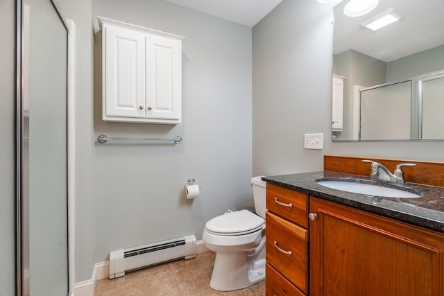 bathroom featuring a stall shower, a baseboard radiator, baseboards, tile patterned flooring, and vanity
